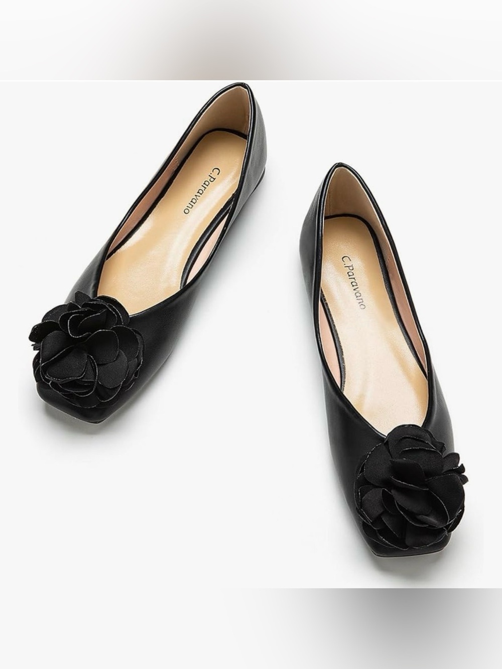 NIB C. Pavarano Black Floral Square Toe Leather Ballet Flats Size 7.5 (38)